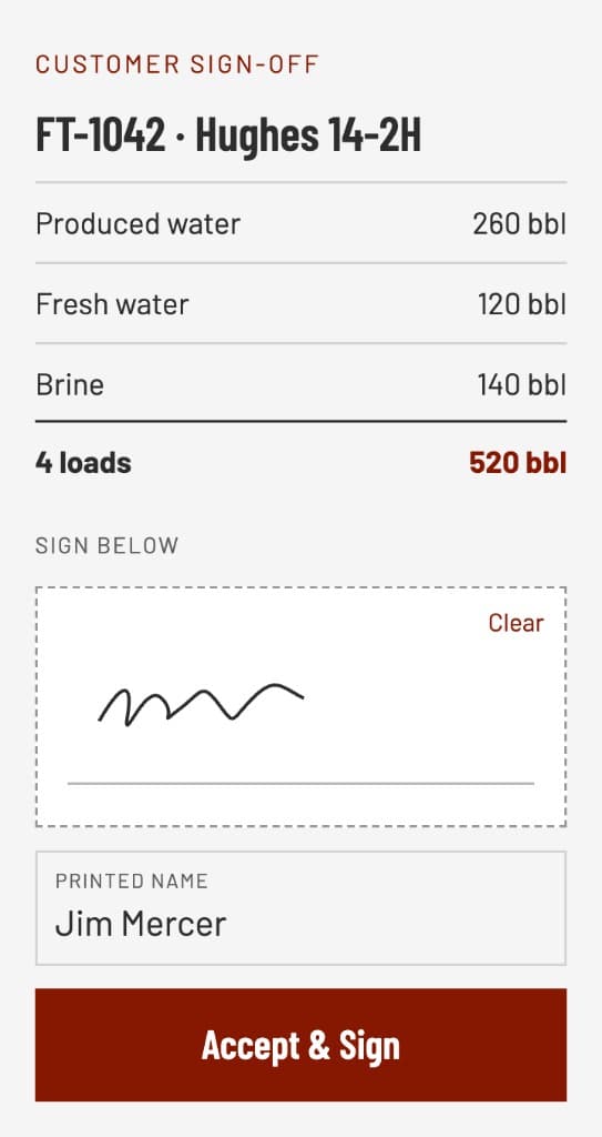Customer sign-off screen on a phone with barrels by liquid type and a signature box