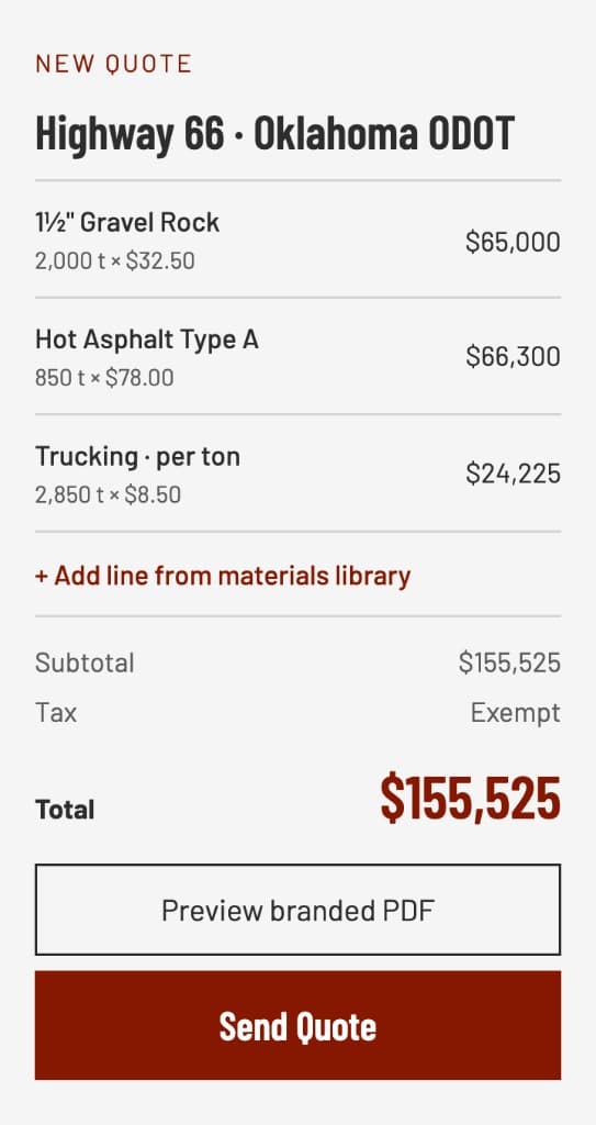 Quote builder on a phone with material and trucking lines, a total, and a Send Quote button