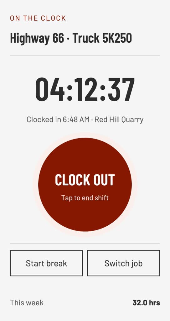 Clock screen on a phone with a running shift timer, the current job and truck, and a Clock Out button
